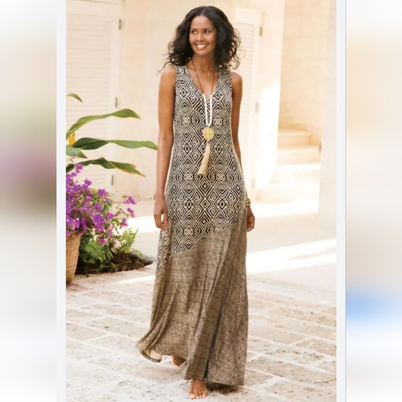 Soft Surroundings TulumTribal Bohemian Sleeveless Maxi Dress Brown Beige Size XL - Picture 1 of 12